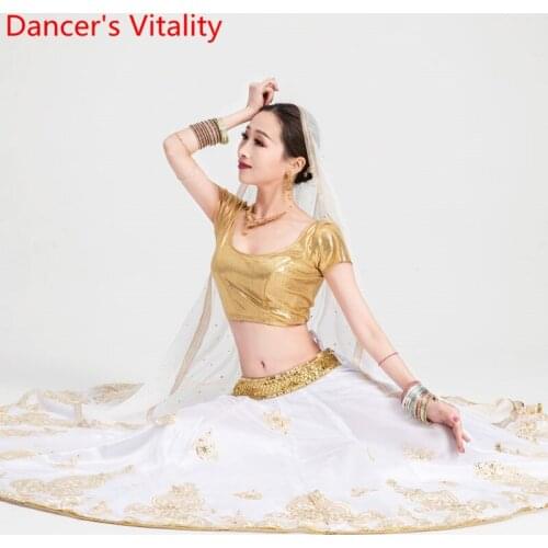 2019 New Arrival Belly Oriental Indian Dance Performance Competition Costume White Golden Set Big Hem Skirt Top Veil 3pcs Suit