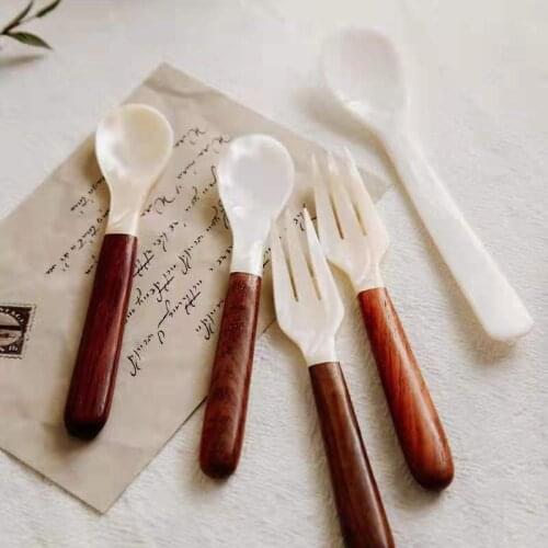 Natural Shell Soup Spoon Small Tableware Kitchen Goodies Short Wooden Handle Homehold Dessert Fork Simplicity Table Creative