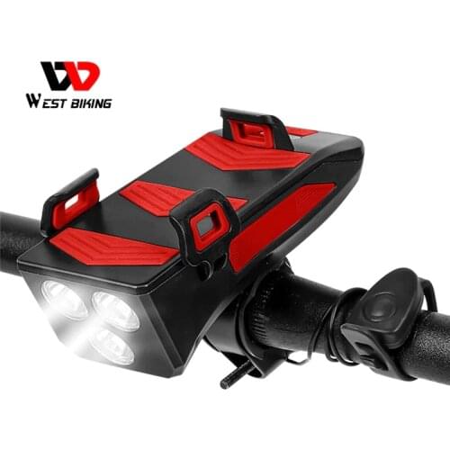 WEST BIKING Multifunction Bike Front Light Phone Holder Bicycle Bell Power Bank Bike Accessories 4 IN 1 Cycling Lamp Flashlight