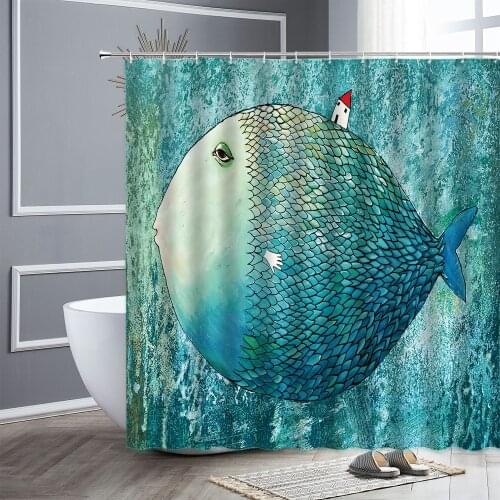Cartoon Big Fish Small House Abstract Art Shower Curtains Nordic Style Creative Home Decor Children Bathroom Curtain Bath Screen