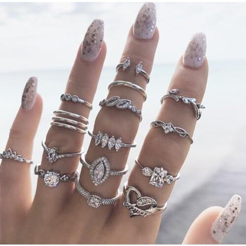 15 Pcs/Set Bohemian Retro Crystal Silver Color Ring Set Women Knuckle Ring Crystal Ring Wedding Anniversary Gift