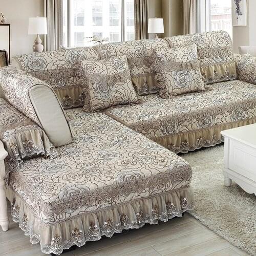 European Luxury Cotton Linen Sofa Cover Brown Embroidered Jacquard Sofa Towel Cushion Mat Slipcover Exquisite Lace Sofa Set E8