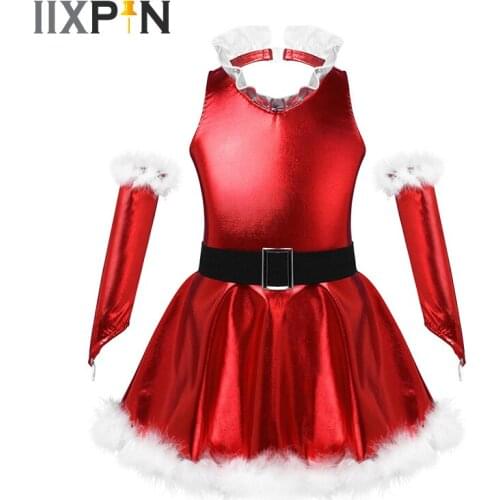Kids Girls Christmas Dance Costume Sleeveless V Ruffle Neck Waistband Open Back Dress with Faux Fur Around Hem Split Sleeve Cuff