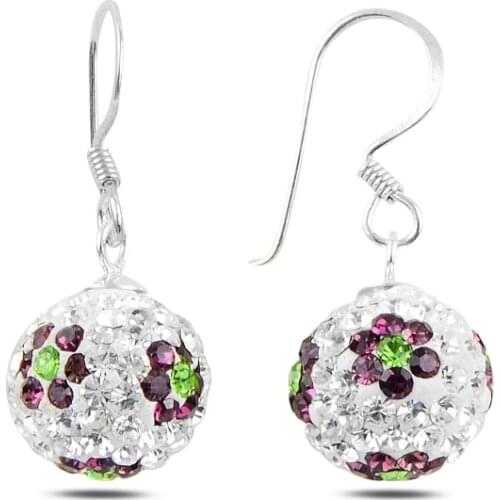 Silver 925 Sterling Dangle Ball Crystal Stone Earrings
