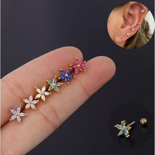 1pc Stainless Steel Fashion Flowers Zirconia Cartilage Cz Earring for Women Crown Helix Ear Studs Piercing Jewelry
