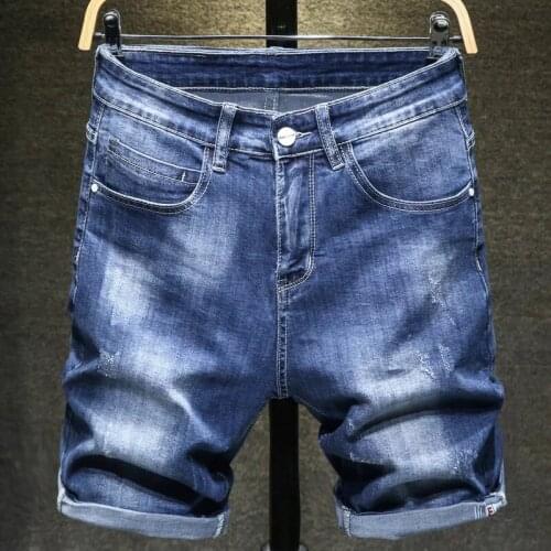 Mens Shorts Ruched Denim Shorts Slim Zipper Fly Short Straight Short Male Solid Middle Waist Knee Length Short Jeans