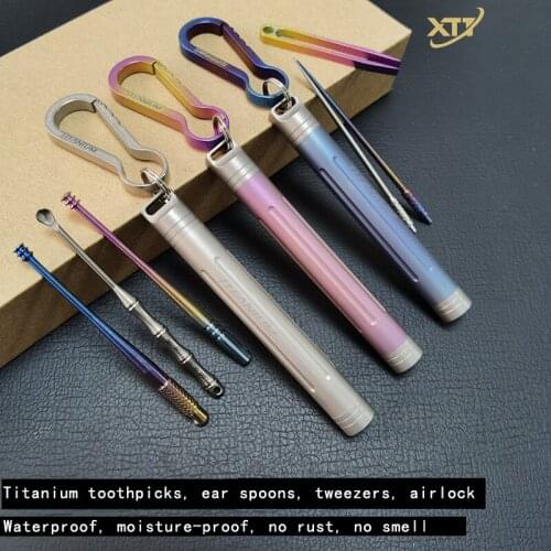 EDC Titanium Toothpick Holders Keychain Reusable Toothpicks Waterproof Travel Tableware with container for Camping Picnic Tool