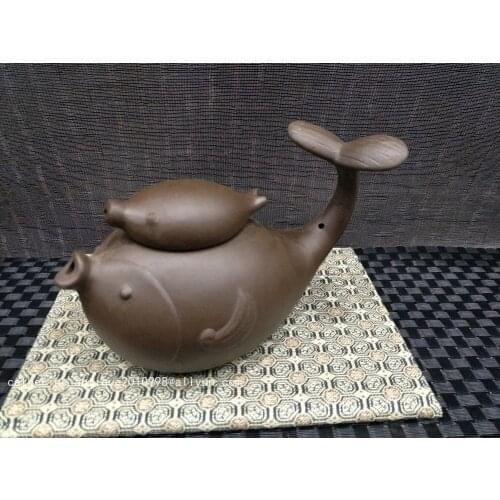 Unique Old Chinese YiXing Handcraft puyple Clay Teapot, dolphin, with mark, Free shipping