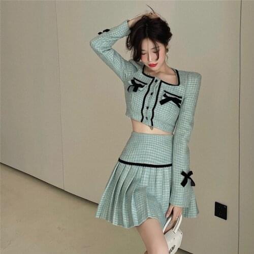 Autumn Womens Two-piece French Square Collar Small Fragrant Tweed Bow Short Coat + A-line Pleated Mini Skirt Festival Clothing