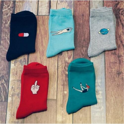 Women Harajuku Cartoon Character Cotton Long Alien Socks Japanese Casual Novelty Funny Hip hop Cool Socks Space Pill Fake Socks