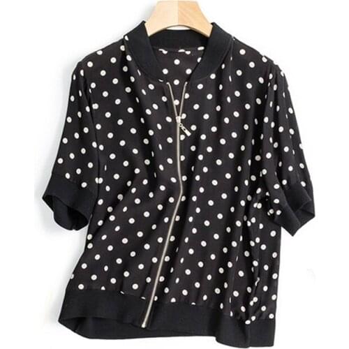 100%silk spliced women fashion dots print zipper short sleeve cardigan coat thin kackets M/L retail wholesale