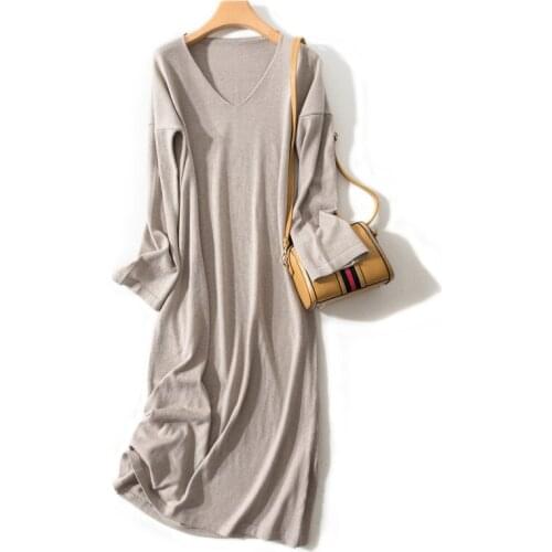 2021 winter womens cashmere sweater V-neck dress high-quality warmth-knee pullover