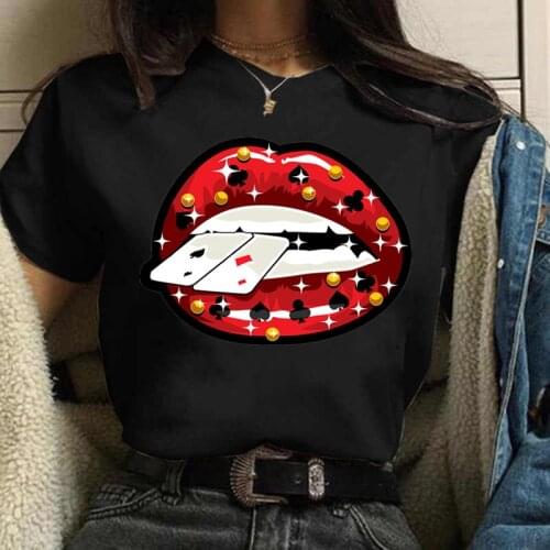 Red lips playing cards ladies black top casual ladies top short-sleeved ladies round neck T-shirt women printing top T-shirt