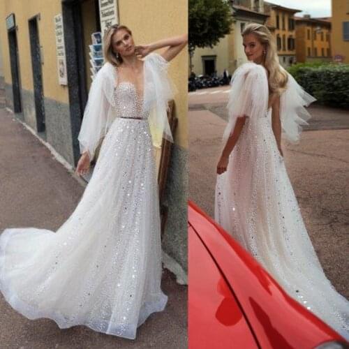 2020 Sexy Wedding Dresses With Wrap Lace Tulle Sequined Sweep Train Beach Boho Bridal Gowns Backless Vestido De Novia