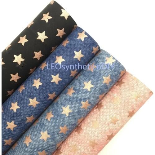 1PC 21X29CM Gold Stars Printed on Denim Synthetic Leather Fabrich, faux leather fabric For Making Bows LEOsyntheticoDIY R123