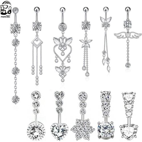 1pc Steel Crystal Zircon Dangle Button Navel Piercing Ring Flower Heart Belly Ring Reverse Curved Navel Barbell Body Jewelry 14