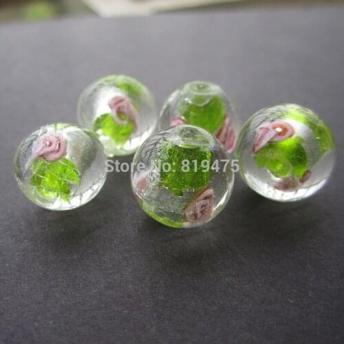20Pieces/Lot 12mm Lampwork Glass Beads Flower With White Foil Olive Color for jewelry making
