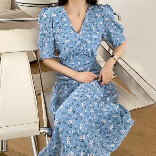 2020 Fashion Summer Korean Chic V-neck Puff Sleeve Dress Elegant Female Floral Printing Mid-calf Sexy Party Club Dress Female