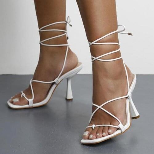 2021 Summer Fashion Comfortable Square Head Womens Sandals Lace-up Open Toe Womens Casual Sandals Mature Sexy Stiletto Heels