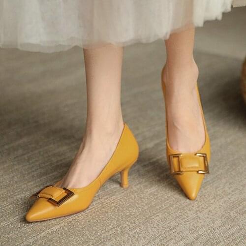 5cm Ol Office Lady Shoes Pointed Toe Pumps Woman Dress Shoes Yellow High Heels Thin Heeled Ladies Shoes zapatos mujer 9067G