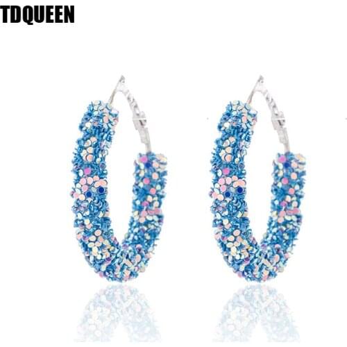 TDQUEEN Bohemian Hoop Earrings For Women Shiny Sequins Cute Colors Girl Jewelry Gift Silver Plated Big Circle Round Earrings
