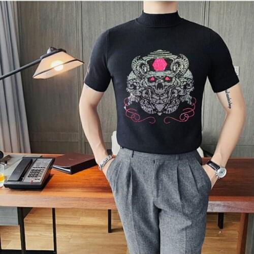 Skull Hot Drill Short-Sleeved Sweater Classic High Stretch Mens Knit Design Spring And Summer All-Match Street Plus Size