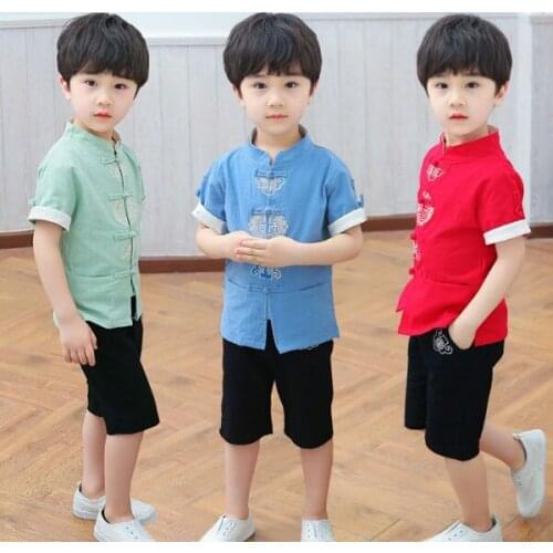 Childrens suits Chinese style boy sweat absorbent fabric 2 pieces summer short sleeves sets 2-9 years old