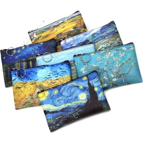 DHL 100 pieces Vintage Oil Painting Leather Coin Purse Mini Wallet Coin Key Case Hasp Earphone Storage Bag Students Purse