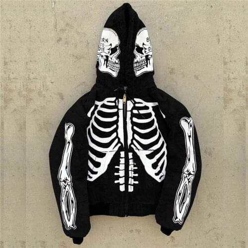 ERENEJIAN Mens Fashion Hi Street Zip Up Cardigan Hoodies Skull Painted Streetwear Sweatshirts Hip Hop Skeleton Graffiti Hoody