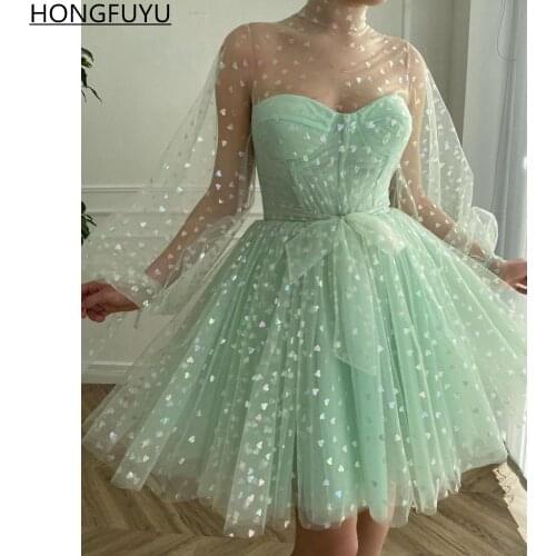 HONGFUYU Mint Green Tulle Short Prom Cocktail Dresses A Line Puff Long Sleeves Homecoming Party Dress with Printed Hearts Платья