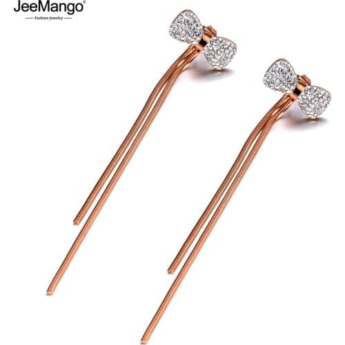 JeeMango Trendy Titanium Stainless Steel Bowknot Earrings Jewelry White Clay Rhinestone Tassel Earrings For Women Girls JE20015