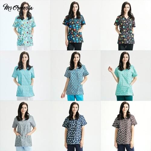 V-neck printed lab work top short sleeve frosted shirt unisex pet store work clothes top wholesale frosted uniforms customized