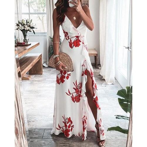 Summer Elegant Sleeveless High Slit Floral Print Ruffles Spaghetti Strap Sexy Party Womens Long Maxi Evening Dresses Ball Gowns