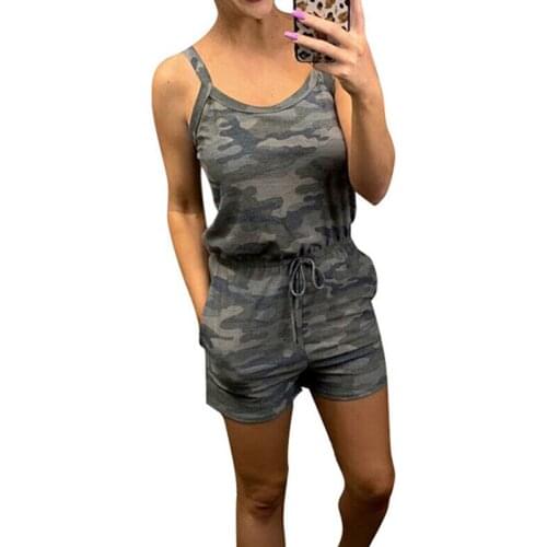 Summer Ladies Casual Holiday Street Shorts Jumpsuit Romper Womens Camouflage Printing Scoop Neck Camel Sleeveless Mini Playsuit