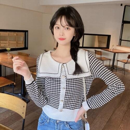 Fashion Autumn Thin Contrast Long Sleeve Sailor Collar Pullovers Sweater Doll Plaid Knitted Shirts Tops Jumpers Retro Japan
