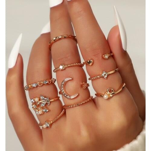 10-piece 2021 Fashion Creative Rings For Lady Hot Sales Womens Ring Set Knuckle Ring Golden Bohemian Moon Star Ring