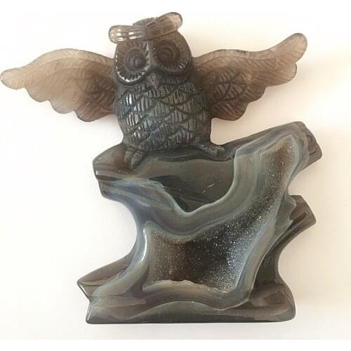 Natural Quartz Agate Owl Hand Carving Folk Crafts Crystals Healing Stones For Gift 1Pcs