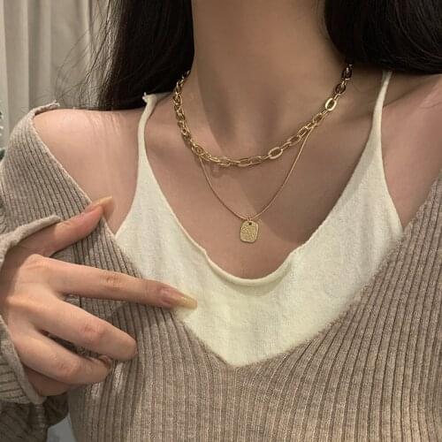 Vintage Multi-layer Letter Oval Pendant Chain Necklace For Women Fashion Gold Silver Color Chunky Chain Necklaces Jewelry