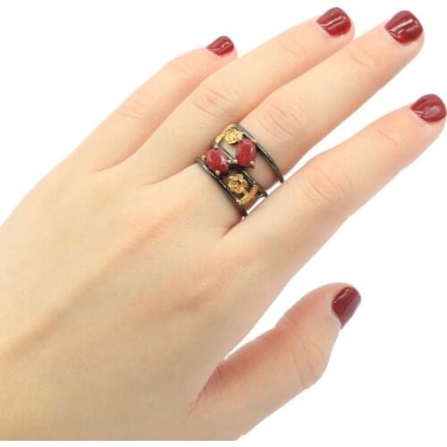 15x10mm Sublime Antique Vintage Style Real Red Ruby Created Green Emerald Gift For Sister Silver Rings