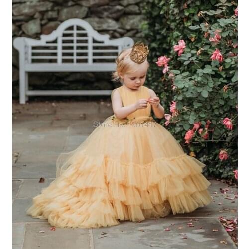 Pink Princess Girls Dresses for Birthday Party Flower Girl Dress for Wedding with Train Cute Baby Ball Gowns Tulle