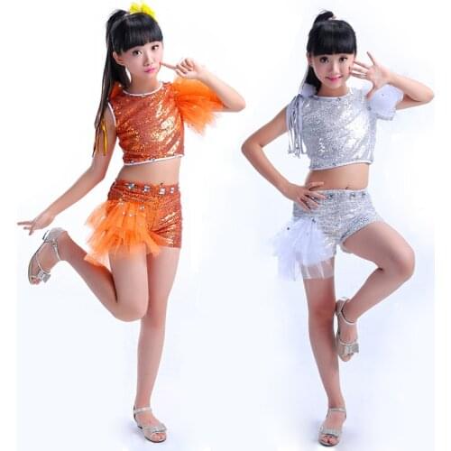 Silver orange Sequin Jazz Dance Costumes For Girls Hip Hop Kids Modern Dance Performance Dance Girl Stage Dancewear