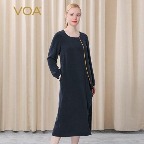 VOA Heavy Ground White Silk Round Neck Long Sleeve Dress Golden Trimmed Lotus Leaf Split Spring Loose Skirt AE363