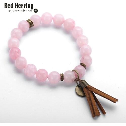 Hot Sale Jewelry Energy Bracelets Made By Antique Bronze Tassel Beautiful Natural Pink Quartz Stone Bracelet bangle