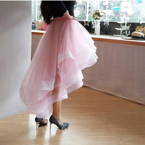Pink Ruffles Tulle Skirt Long Party Female Maxi Tulle Skirts Girl Elastic Band Asymmetrical mujer faldas 2020