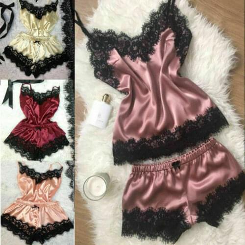 2 PCS Womens Lace Silk Sleepwear Sissy Sexy Babydoll Nightdress Lingerie Pajamas
