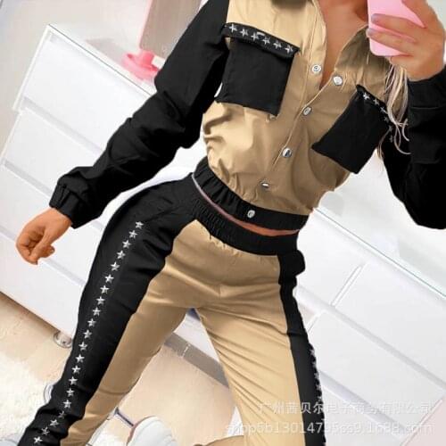WEPBEL Shirts High Waist Pants Suits 2 Piece Sets Autumn Women Sets Tight-Fitting Contrast Color Rivets Long-Sleeved Pants Suit