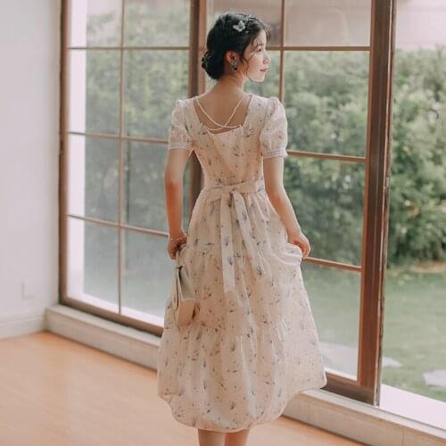 Summer Short Sleeve Chiffon Fairy Dress Women 2021 Round Neck Elegant Beaded Backless Sexy Print Lace Puff Sleeve Sweet Vestido
