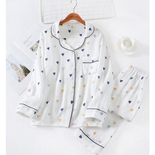 Heart Printing Fashion Pajamas Woman Cotton Pyjamas Set Autumn Winter Leisure Sleepwear Long Sleeve Silk Homewear 2 Pieces