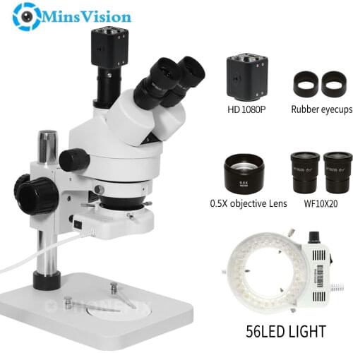 Minsvision 1080P HDMI digital camera 7-45X trinocular stereo microscope LED adjustable light source phone repair