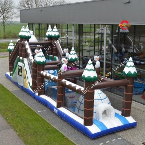 Free ship to sea port, penguin winter theme inflatable obstacle course, commercial inflatable playground jumping house slide